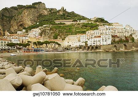 Stock Image - Town at the hillside, Marina Grande, Costiera Amalfitana, Amalfi, Salerno, Campania, Italy. Fotosearch