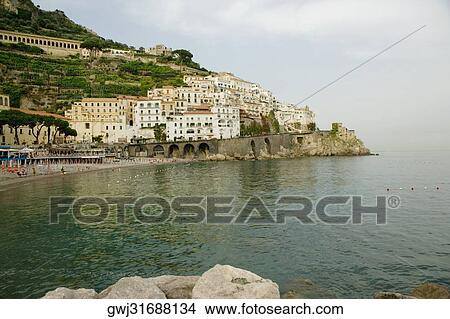 Town at the seaside, Costiera Amalfitana, Amalfi, Salerno, Campania, Italy View Large Photo Image Picture - Town at the seaside, Costiera Amalfitana, Amalfi, Salerno, Campania, Italy. Fotosearch