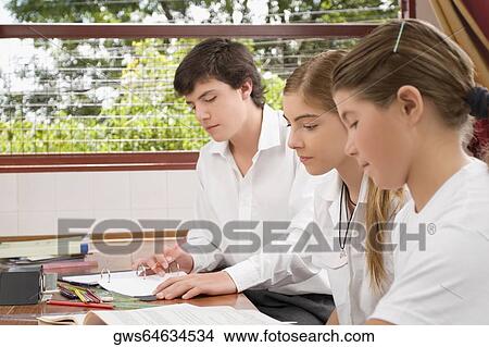 Two schoolgirls and a schoolboy studying in a classroom View Large Photo Image Picture - Two schoolgirls and a schoolboy studying in a classroom. Fotosearch