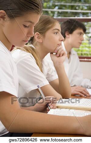 Two schoolgirls and a schoolboy studying in a classroom View Large Photo Image Stock Photograph - Two schoolgirls and a schoolboy studying in a classroom. Fotosearch