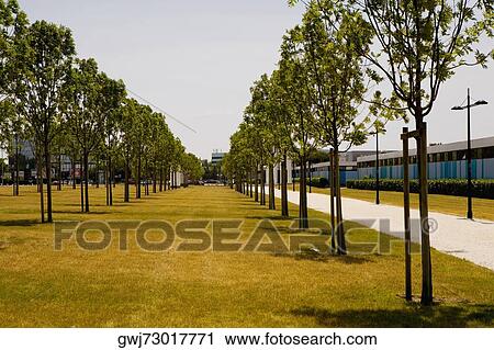Stock Image - Walkway along a park, Congres Et Expositions De Bordeaux, Bordeaux, Aquitaine, France. Fotosearch