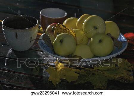 Close-up of a bowl of apples with cups and fallen leaves on the table View Large Photo Image Stock Image - Close-up of a bowl of apples with cups and fallen leaves on the table. Fotosearch