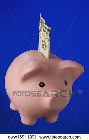 Stock Image - Close-up of a one dollar bill on a piggy bank. Fotosearch