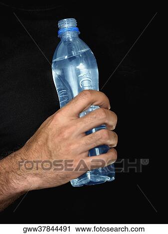 Stock Image - Close-up of a person's hand holding a bottle of water. Fotosearch