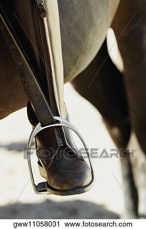 Stock Image - Close-up of a person's leg in a stirrup. Fotosearch