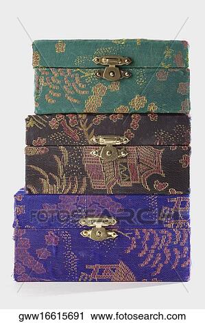Close-up of a stack of decorated boxes View Large Photo Image Stock Image - Close-up of a stack of decorated boxes. Fotosearch