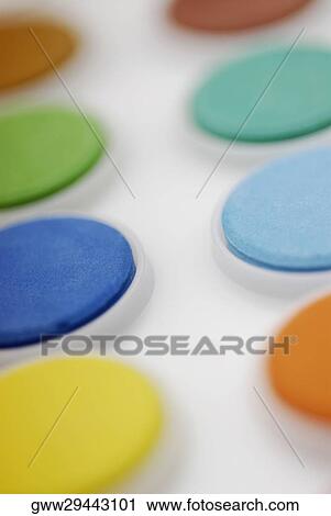 Close-up of watercolor paints in a palette View Large Photo Image Stock Image - Close-up of watercolor paints in a palette. Fotosearch
