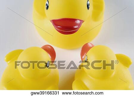 Stock Image - High angle view of three rubber ducks. Fotosearch
