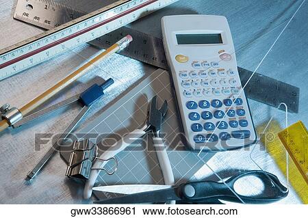 High angle view of various instruments and stationery View Large Photo Image Stock Image - High angle view of various instruments and stationery. Fotosearch