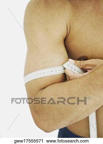Stock Image - Mid section view of a person measuring his bicep with a tape measure. Fotosearch