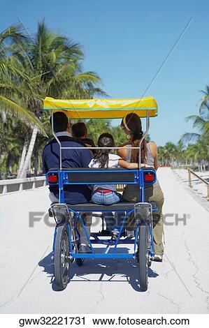 Stock Image - Rear view of a girl with her parents on a buggy. Fotosearch