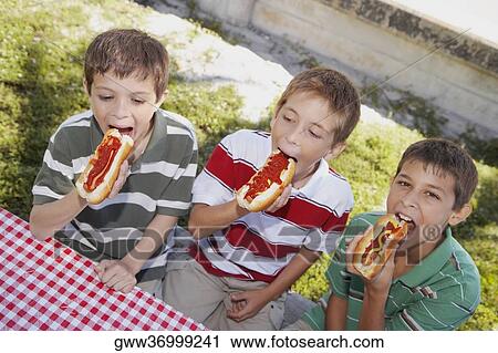 Stock Image - Two boys and a teenage boy eating hot dogs. Fotosearch