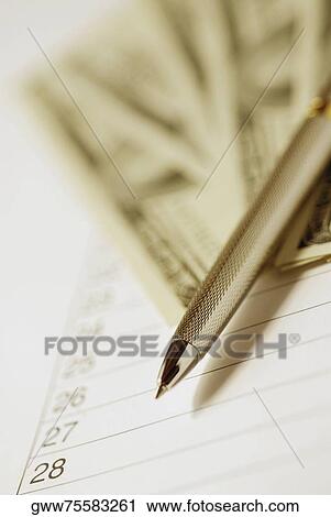 Stock Image - Close-up of a ballpoint pen with one hundred dollar bills on a personal organizer. Fotosearch