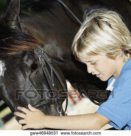Close-up of a boy touching a horse View Large Photo Image Stock Image - Close-up of a boy touching a horse. Fotosearch