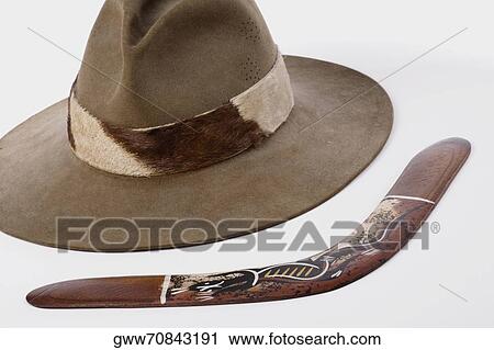 Stock Image - Close-up of a hat with a boomerang. Fotosearch