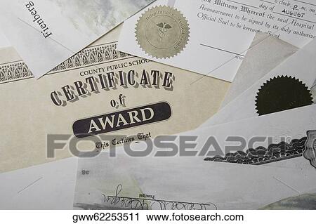 Stock Image - Close-up of certificates. Fotosearch