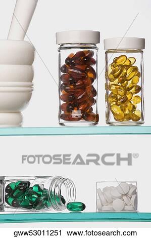 Close-up of medicines on a shelf View Large Photo Image Stock Image - Close-up of medicines on a shelf. Fotosearch