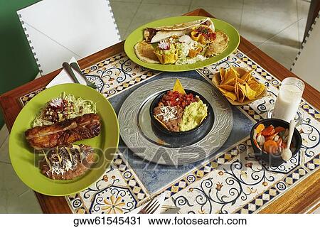 Stock Image - High angle view of Mexican cuisine on the table. Fotosearch