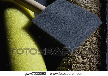 High angle view of sponges and a loofah View Large Photo Image Stock Image - High angle view of sponges and a loofah. Fotosearch