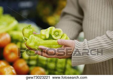 Mid section view of a man holding green bell peppers View Large Photo Image Stock Image - Mid section view of a man holding green bell peppers. Fotosearch
