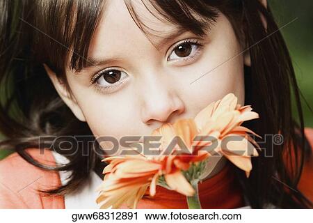 Portrait of a girl with a flower in front of her mouth View Large Photo Image Stock Image - Portrait of a girl with a flower in front of her mouth. Fotosearch