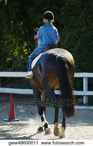 Rear view of a boy horseback riding View Large Photo Image Stock Image - Rear view of a boy horseback riding. Fotosearch