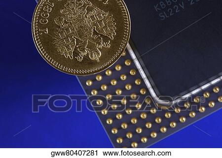 Close-up of a coin on a computer chip View Large Photo Image Stock Image - Close-up of a coin on a computer chip. Fotosearch