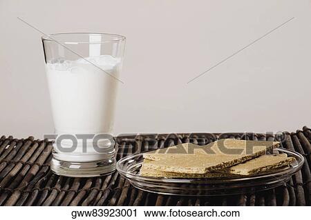 Stock Image - Close-up of a plate of snacks with a glass of milk. Fotosearch
