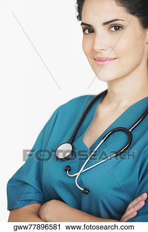 Portrait of a female doctor with a stethoscope around her neck View Large Photo Image Stock Image - Portrait of a female doctor with a stethoscope around her neck. Fotosearch