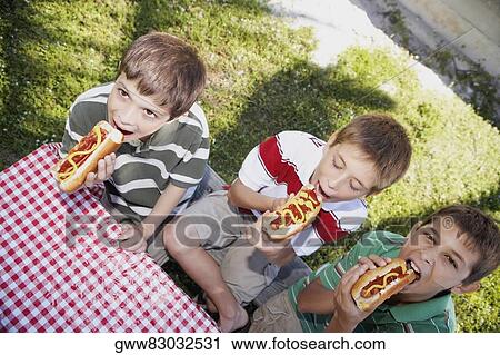 Two boys and a teenage boy eating hot dogs View Large Photo Image Stock Image - Two boys and a teenage boy eating hot dogs. Fotosearch