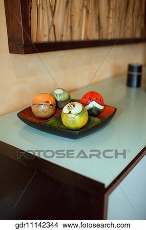 Picture - Artificial fruits on a tray. Fotosearch