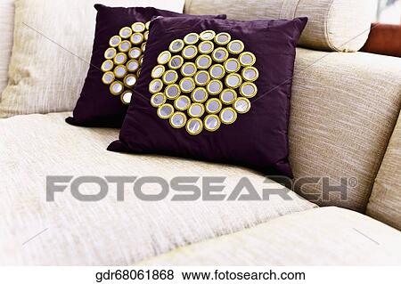 Cushions on a couch View Large Photo Image Stock Photo - Cushions on a couch. Fotosearch