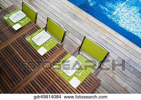 Picture - High angle view of a dining table at a swimming pool. Fotosearch