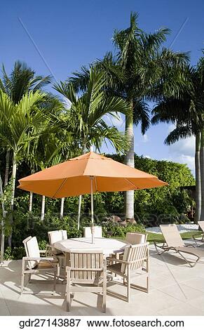 Outdoor chairs with patio umbrella at the poolside View Large Photo Image Stock Photo - Outdoor chairs with patio umbrella at the poolside. Fotosearch