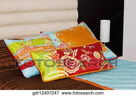 Pillows on the bed View Large Photo Image Stock Photo - Pillows on the bed. Fotosearch