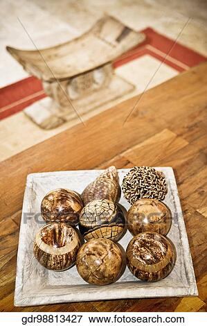 Tray of decorative balls on a table View Large Photo Image Stock Photo - Tray of decorative balls on a table. Fotosearch