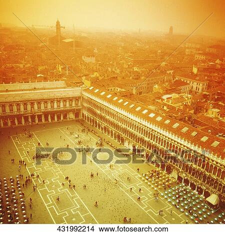 Aerial view of tourists in a town square, St. Mark's Square, Venice, Veneto, Italy View Large Photo Image Picture - Aerial view of tourists in a town square, St. Mark's Square, Venice, Veneto, Italy. Fotosearch