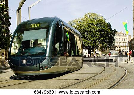 Stock Image - Cable car on tracks, Pey Berland, Bordeaux, Aquitaine, France. Fotosearch