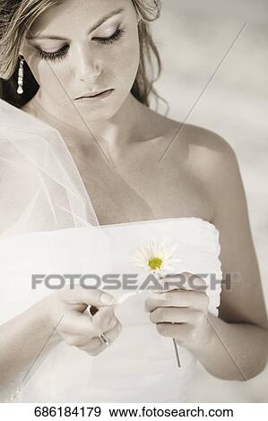 Stock Photo - Close-up of a bride plucking petals of flower. Fotosearch