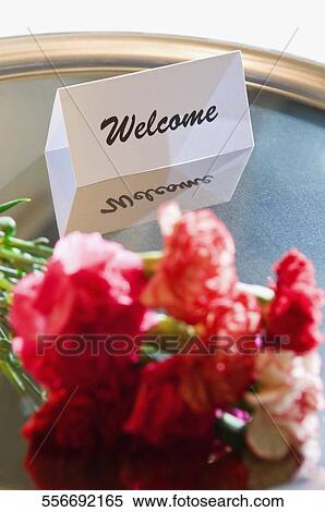 Close-up of flowers with a welcome note in a plate View Large Photo Image Stock Photography - Close-up of flowers with a welcome note in a plate. Fotosearch