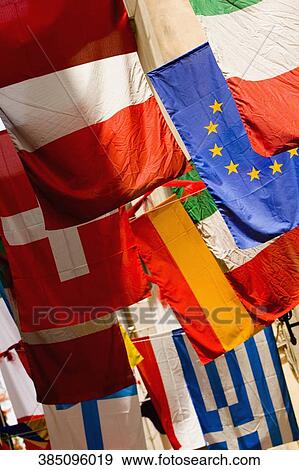 Stock Photo - Close-up of the national flags of various European countries, Sorrento, Naples Province, Campania, Italy. Fotosearch