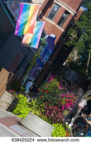 Gay pride flags on a building, Boys Town, Chicago, Illinois, USA View Large Photo Image Picture - Gay pride flags on a building, Boys Town, Chicago, Illinois, USA. Fotosearch