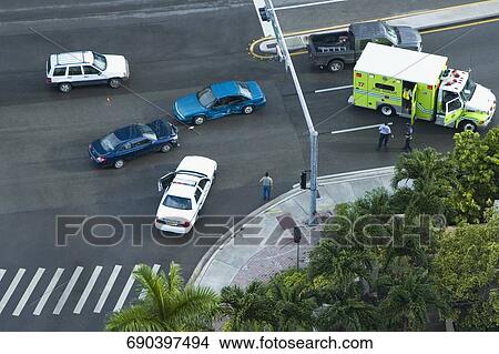 High angle view of a car accident on a highway, John F. Kennedy Causeway, Miami, Florida, USA View Large Photo Image Picture - High angle view of a car accident on a highway, John F. Kennedy Causeway, Miami, Florida, USA. Fotosearch