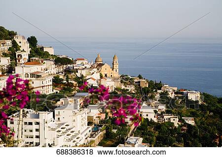 Stock Photo - High angle view of a church in a city, Parrocchiale di San Gennaro, Amalfi Coast, Vettica Maggiore, Salerno, Campania, Italy. Fotosearch