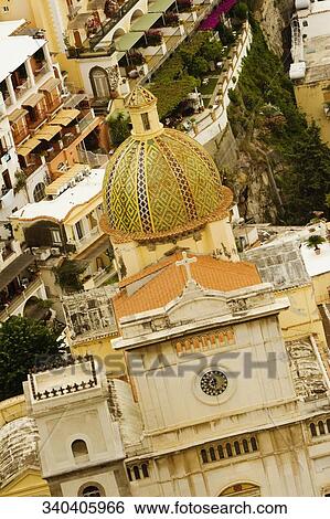 High angle view of a church in a town, Chiesa di Santa Maria Assunta, Positano, Amalfi Coast, Salerno, Campania, Italy View Large Photo Image Stock Photograph - High angle view of a church in a town, Chiesa di Santa Maria Assunta, Positano, Amalfi Coast, Salerno, Campania, Italy. Fotosearch