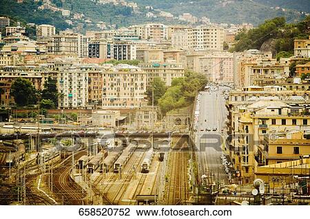 High angle view of a railway station, Brignole, Genoa, Liguria, Italy View Large Photo Image Stock Image - High angle view of a railway station, Brignole, Genoa, Liguria, Italy. Fotosearch