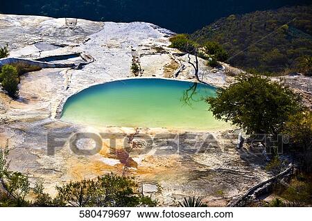 Stock Photo - High angle view of a thermal pool, Hierve El Agua, Oaxaca, Oaxaca State, Mexico. Fotosearch