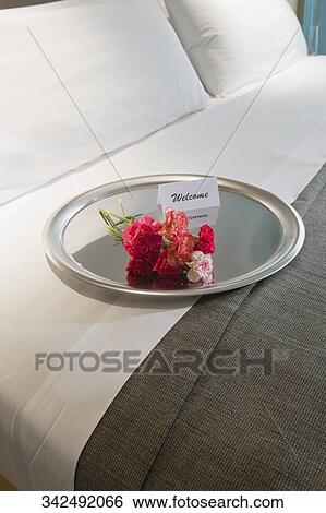 Stock Photograph - High angle view of flowers with a welcome note in a plate. Fotosearch