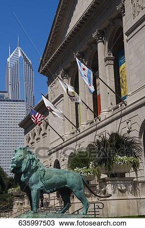Stock Image - Lion statue in front of a building, Art Institute Of Chicago, Chicago, Illinois, USA. Fotosearch