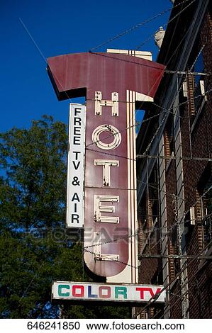 Stock Image - Low angle view of a hotel sign, Boys Town, Chicago, Illinois, USA. Fotosearch